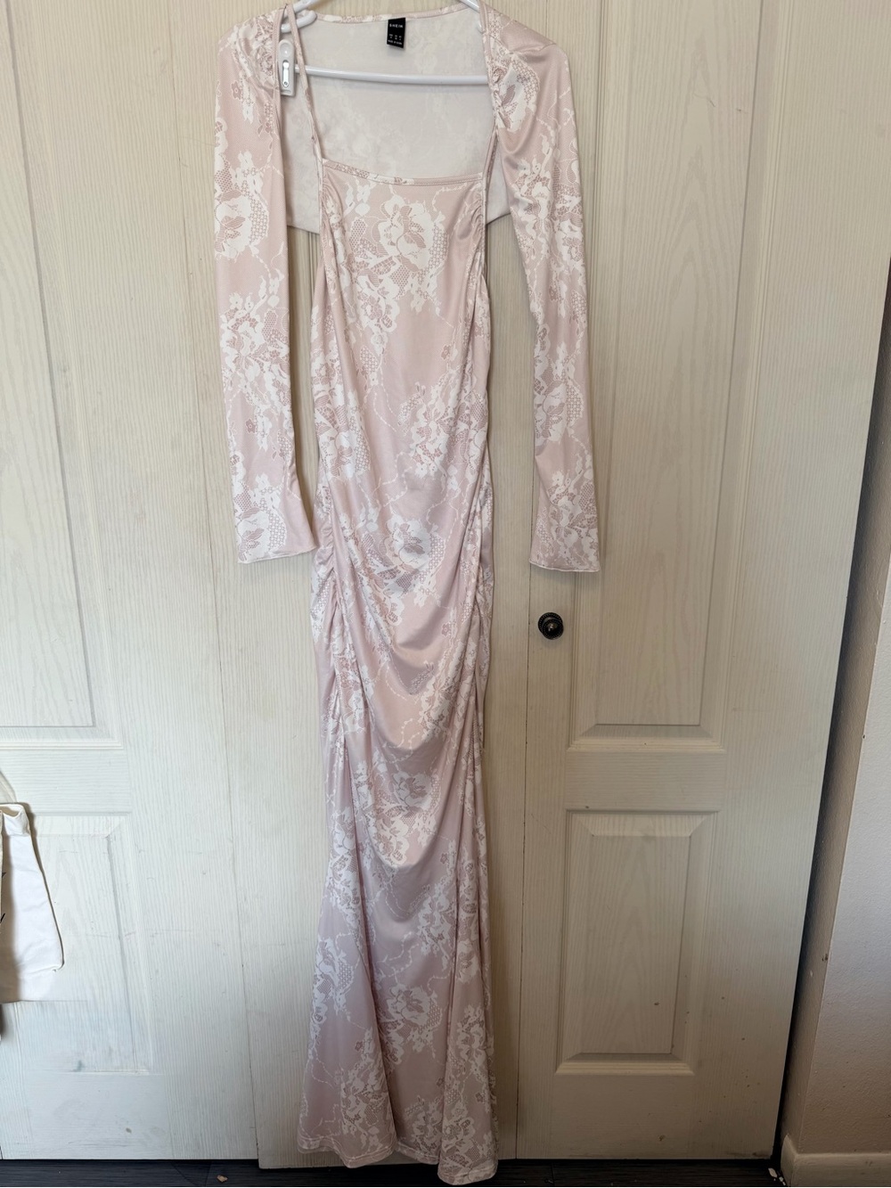 SHEIN Pale Blush Lace-Print Long Sleeve Maxi Dress with Shrug